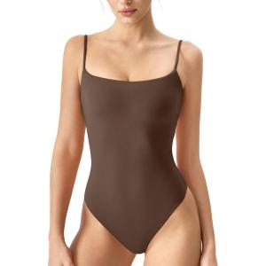 QINSEN Women‘s Spaghetti Strap Bodysuit Top Square Neck Sleeveless Double Lined Cami Shirts(Brown)