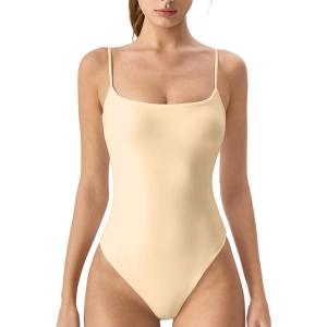 QINSEN Women‘s Spaghetti Strap Bodysuit Top Square Neck Sleeveless Double Lined Cami Shirts(Nude)