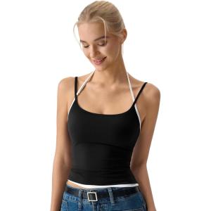 QINSEN Women’s Spaghetti Strap Tank Top Slim Fitting Layered Halter Neck Sleeveless Cami Shirt(Black)