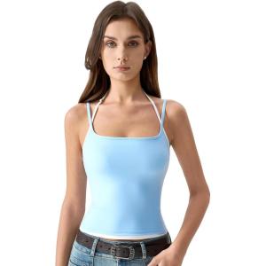 QINSEN Women’s Spaghetti Strap Tank Top Slim Fitting Layered Halter Neck Sleeveless Cami Shirt(Light Blue)