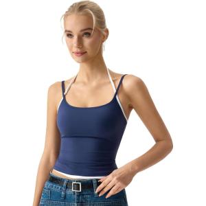 QINSEN Women’s Spaghetti Strap Tank Top Slim Fitting Layered Halter Neck Sleeveless Cami Shirt(Navy Blue)