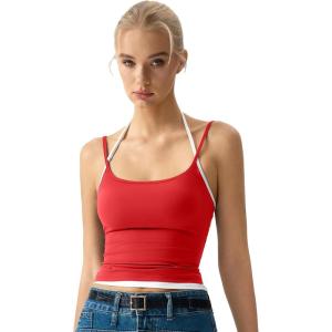 QINSEN Women’s Spaghetti Strap Tank Top Slim Fitting Layered Halter Neck Sleeveless Cami Shirt(Red)