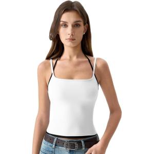QINSEN Women’s Spaghetti Strap Tank Top Slim Fitting Layered Halter Neck Sleeveless Cami Shirt(White)