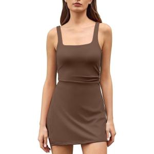 QINSEN Women’s Tennis Dress Square Neck Low Back Cutout Workout Dress Built in Shorts Side Slit Golf Athletic Dress(Chestnut)