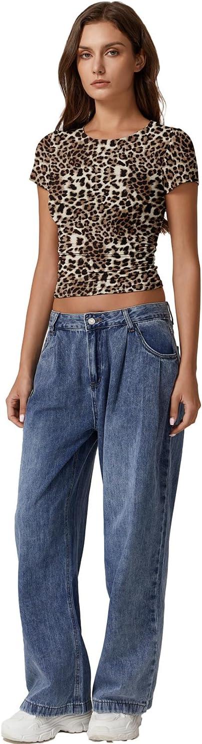 imageQINSEN Short Sleeve Shirts for Women Round Neck Basic Double Lined Tees Fitted Y2k Crop TopsLeopard