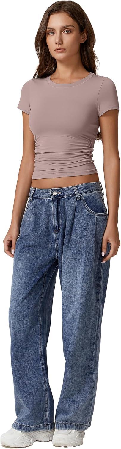 imageQINSEN Short Sleeve Shirts for Women Round Neck Basic Double Lined Tees Fitted Y2k Crop TopsRose Taupe