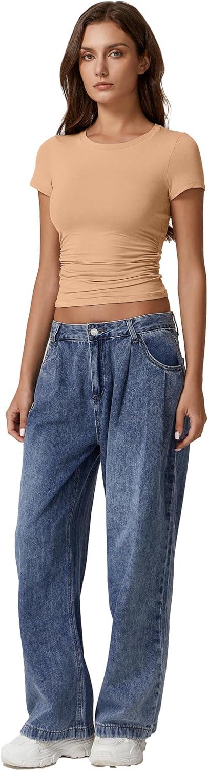 imageQINSEN Short Sleeve Shirts for Women Round Neck Basic Double Lined Tees Fitted Y2k Crop TopsTan