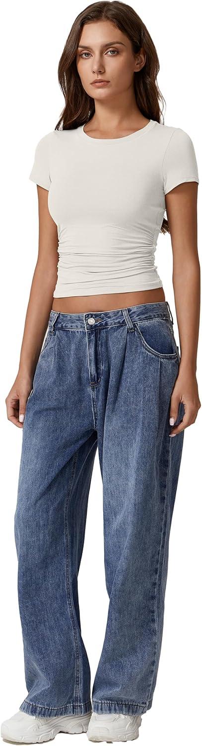 imageQINSEN Short Sleeve Shirts for Women Round Neck Basic Double Lined Tees Fitted Y2k Crop TopsWhite