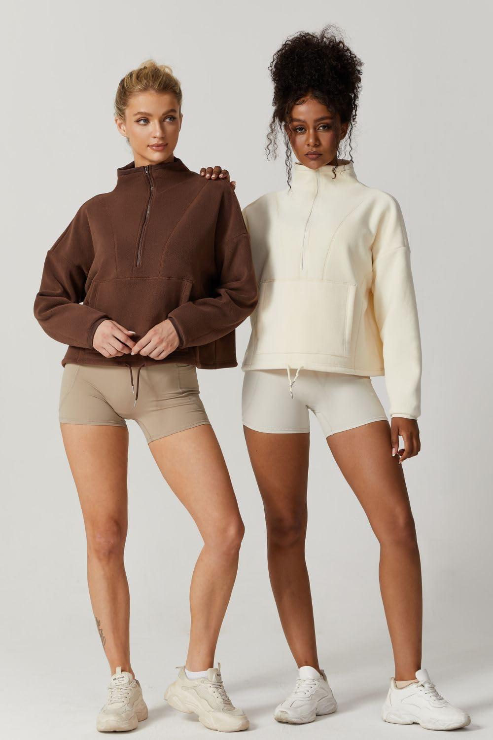 imageQINSEN Women Half Zip Fleece Sweatshirt Mock Neck Long Sleeve Winter Cozy Sherpa Pullover Sweater TopsChocolate