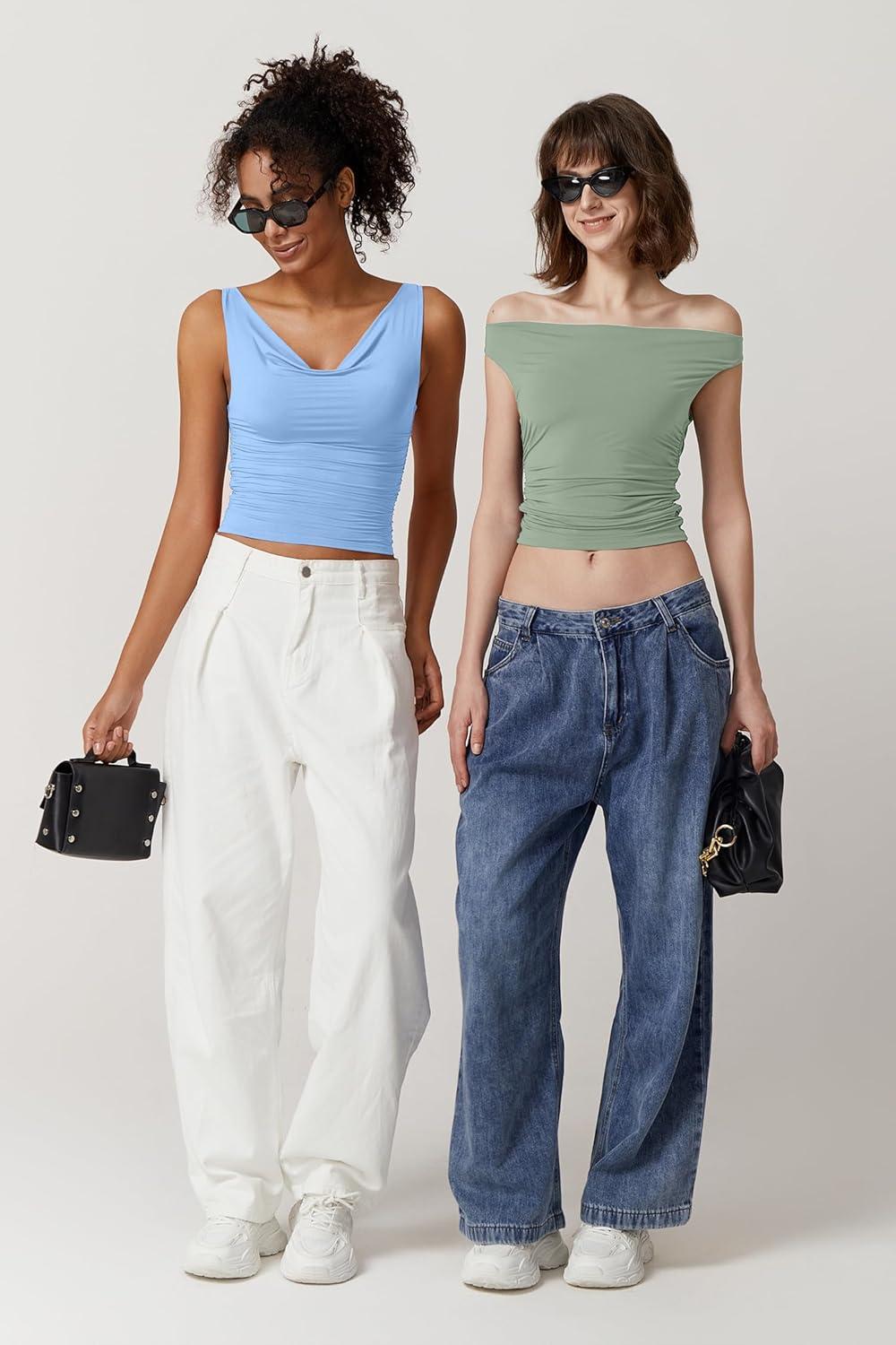 imageQINSEN Womens Cowl Neck Top Sleeveless Ruched Double Lined Crop Top Y2k T ShirtsLight Blue