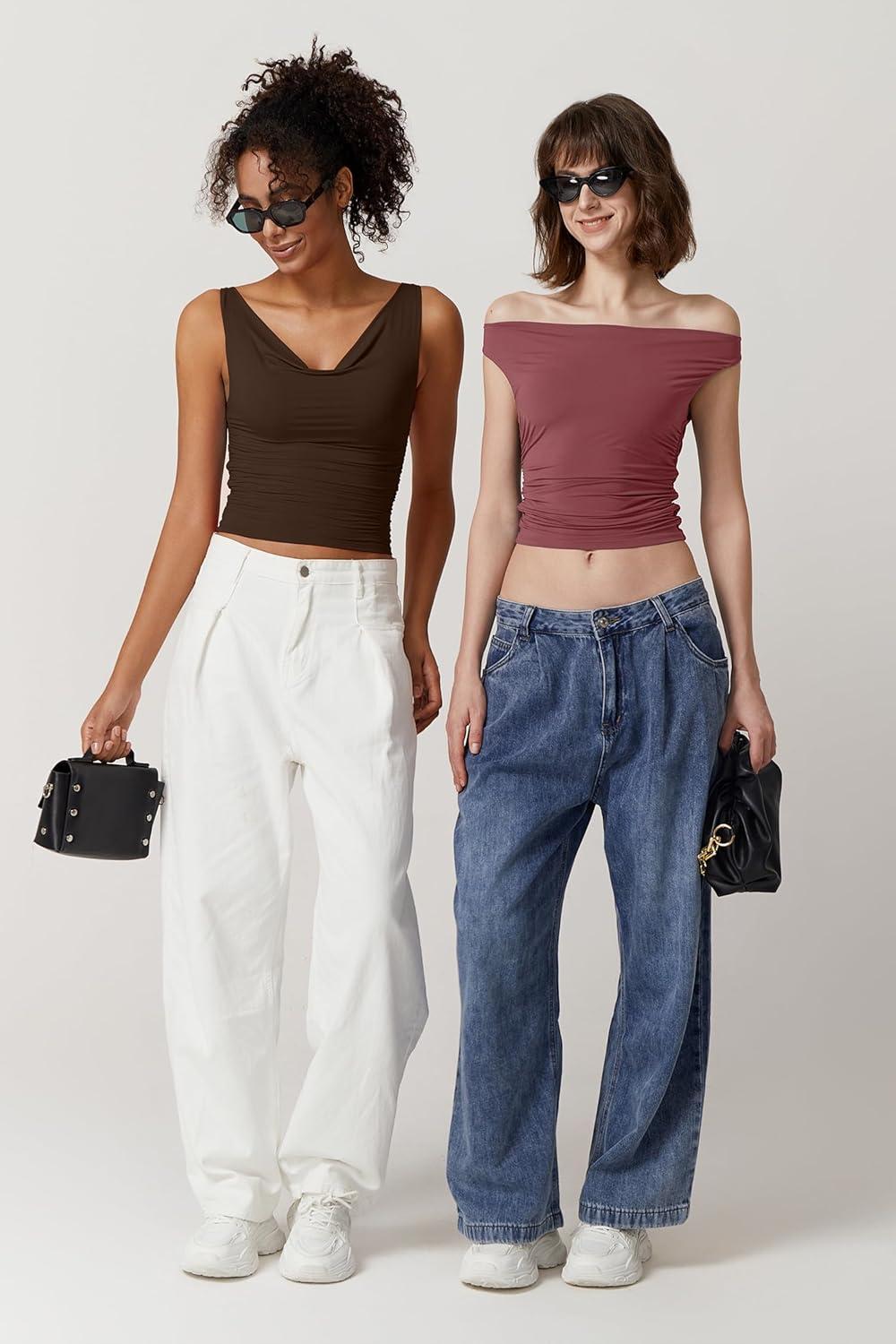imageQINSEN Womens Cowl Neck Top Sleeveless Ruched Double Lined Crop Top Y2k T ShirtsMerlot