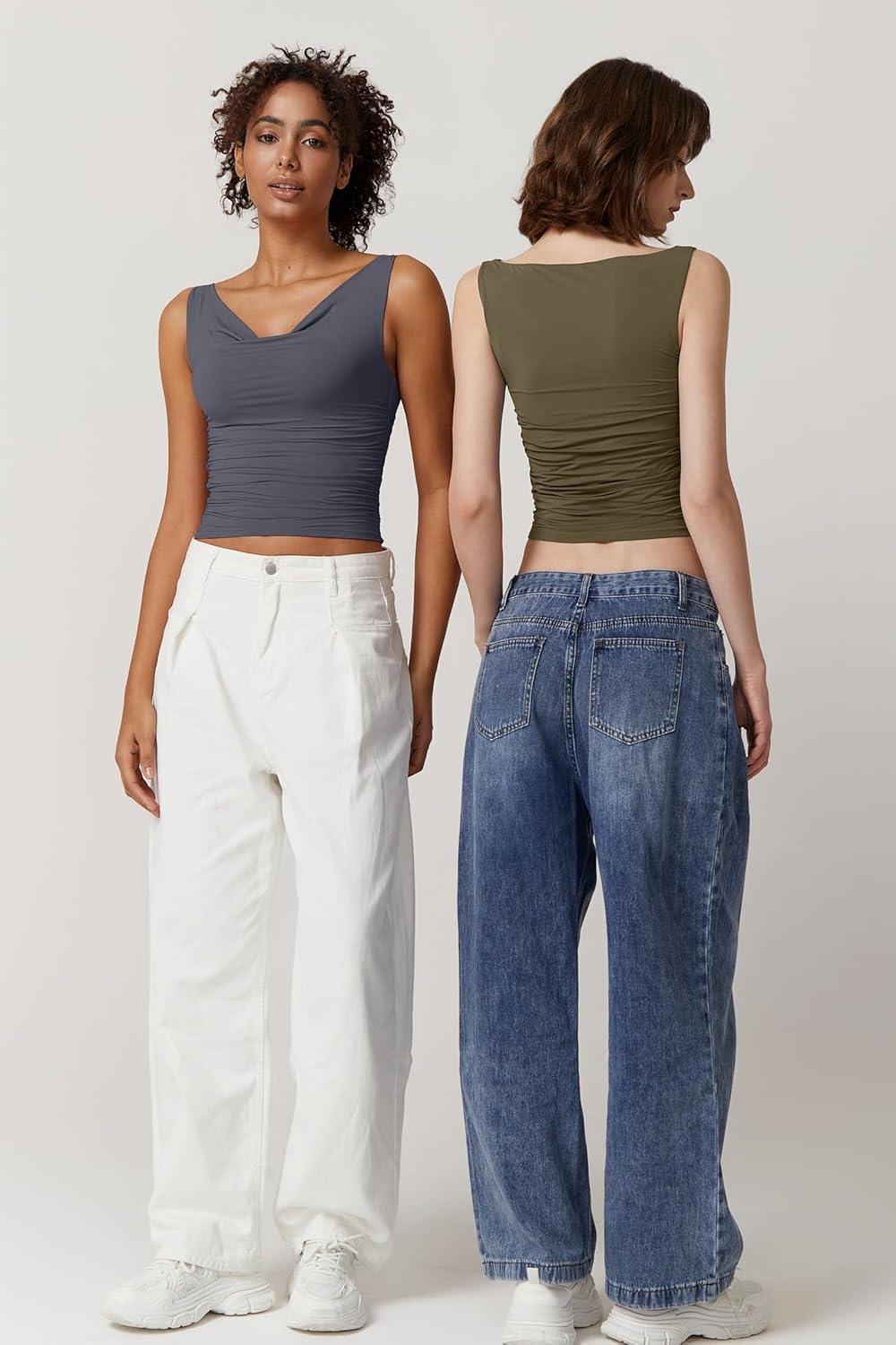 imageQINSEN Womens Cowl Neck Top Sleeveless Ruched Double Lined Crop Top Y2k T ShirtsOlive Green