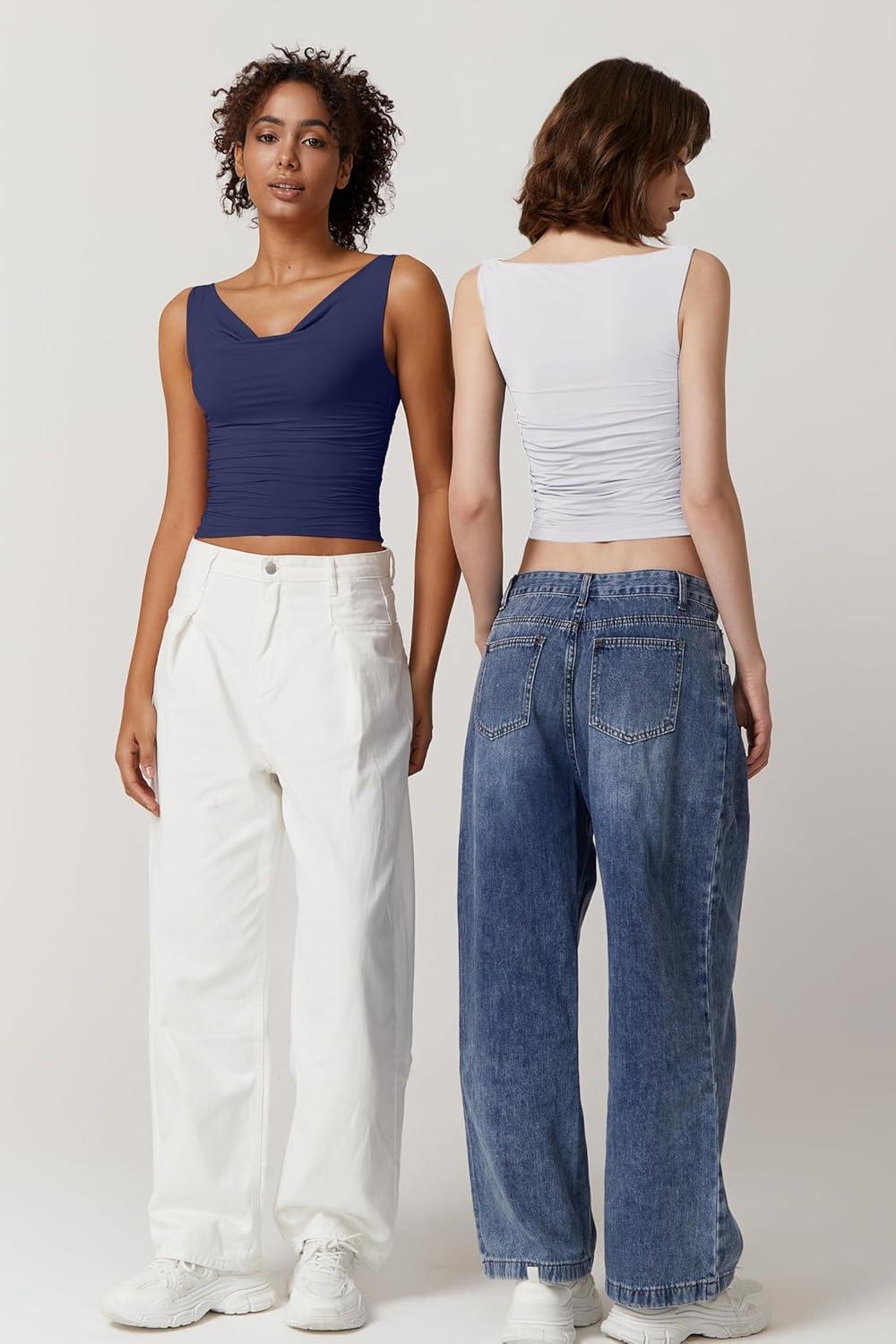 imageQINSEN Womens Cowl Neck Top Sleeveless Ruched Double Lined Crop Top Y2k T ShirtsWhite