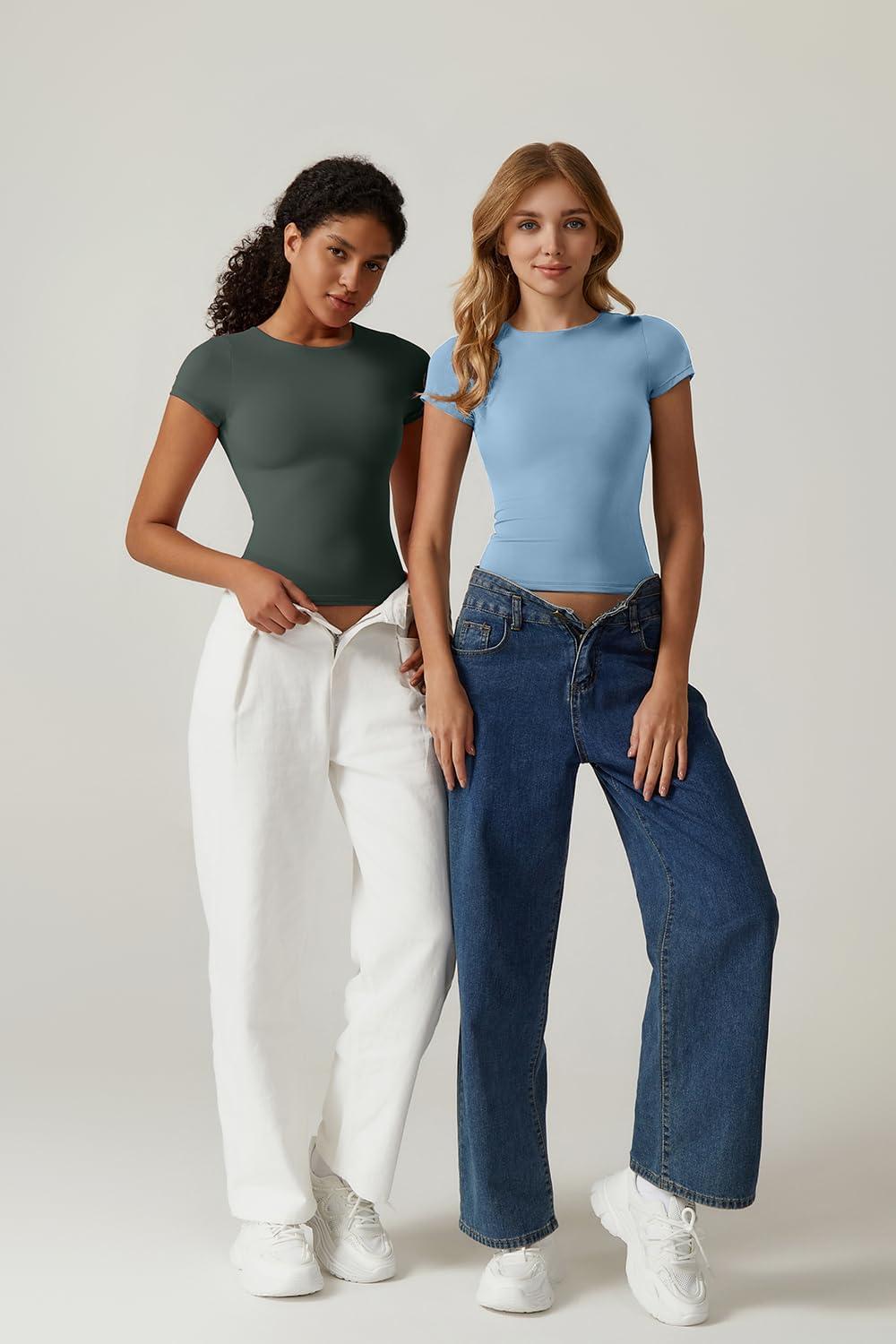 imageQINSEN Womens Crew Neck Short Sleeve Tees Double Lined Slim Fit T Shirt Basic Y2K TopsArmy Green