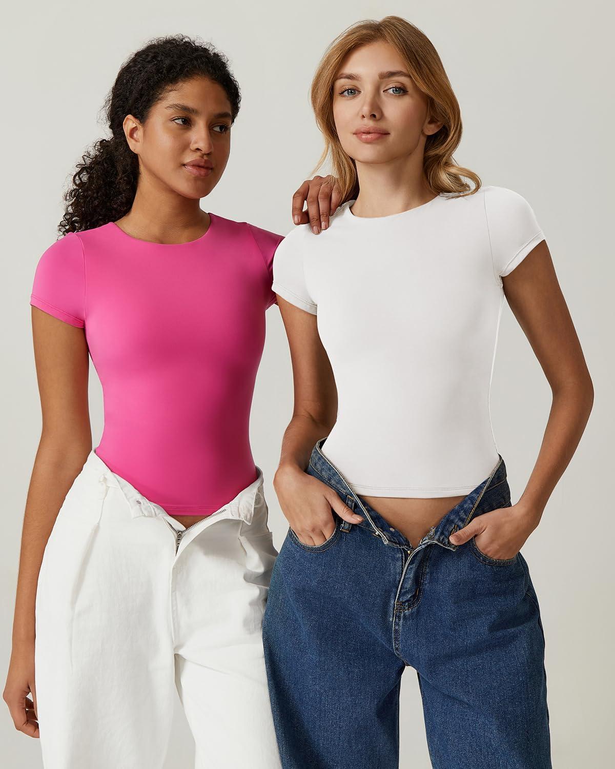 imageQINSEN Womens Crew Neck Short Sleeve Tees Double Lined Slim Fit T Shirt Basic Y2K TopsSplashed White