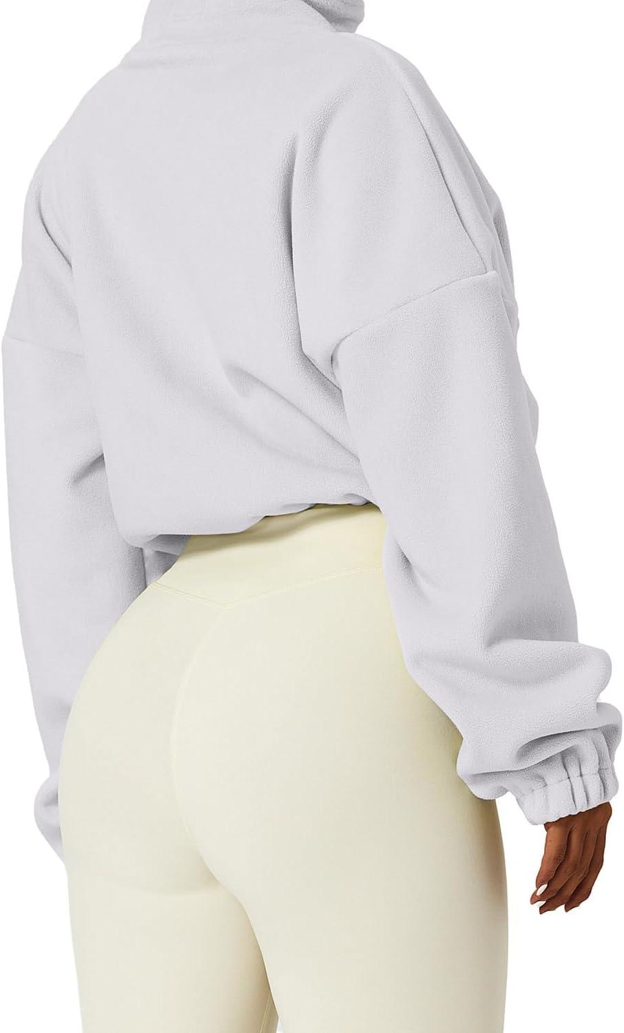 imageQINSEN Womens Full Zip Fleece Short Jacket Warm Winter Long Sleeve Stand Collar Sherpa Crop CoatWhite