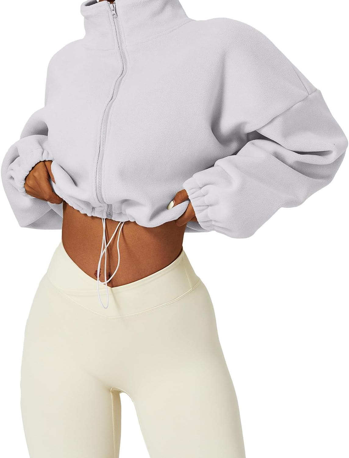 imageQINSEN Womens Full Zip Fleece Short Jacket Warm Winter Long Sleeve Stand Collar Sherpa Crop CoatWhite