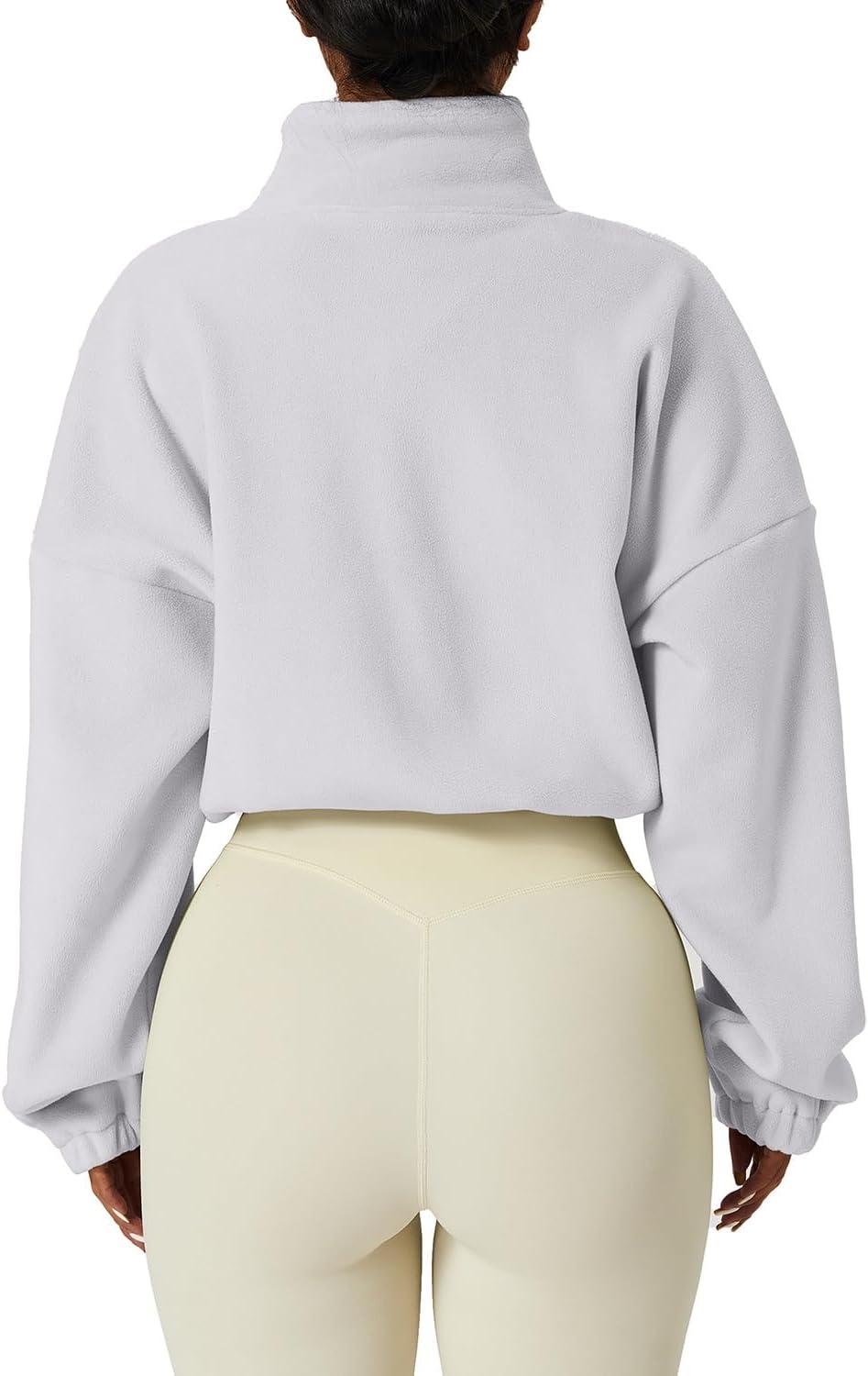 imageQINSEN Womens Full Zip Fleece Short Jacket Warm Winter Long Sleeve Stand Collar Sherpa Crop CoatWhite
