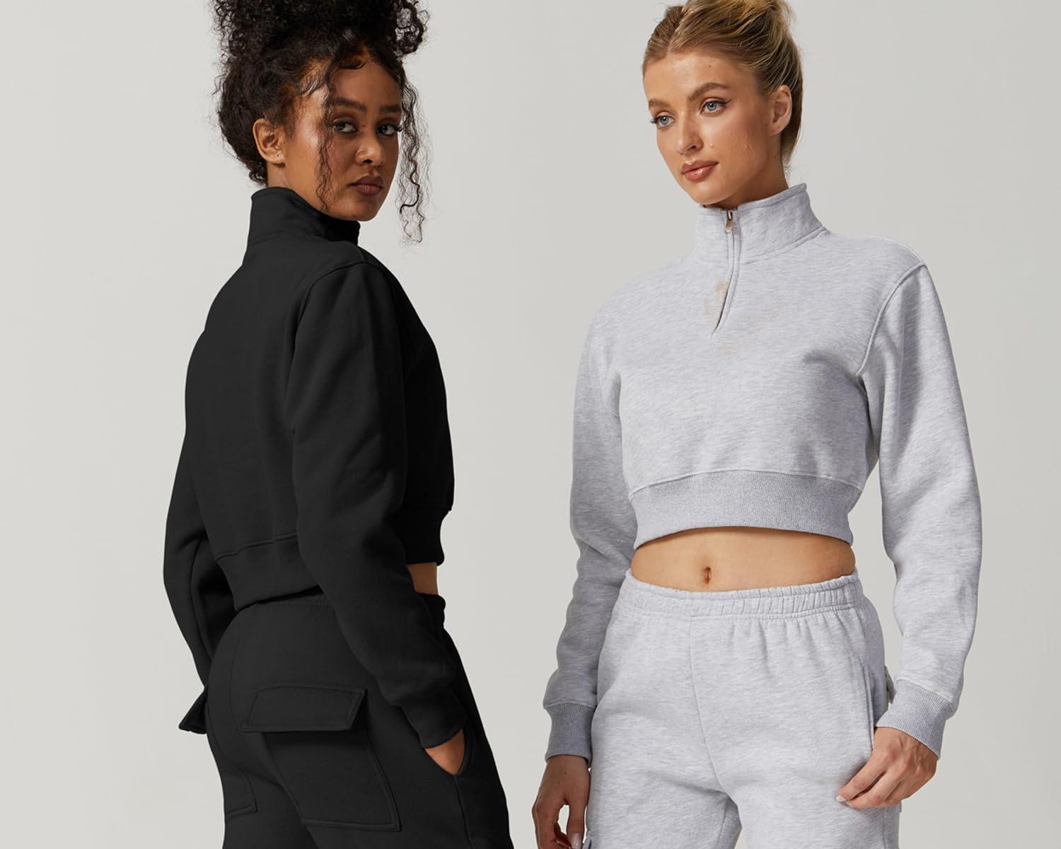 imageQINSEN Womens Half Zip Crop Sweatshirt High Neck Long Sleeve Pullover Cropped TopBlack