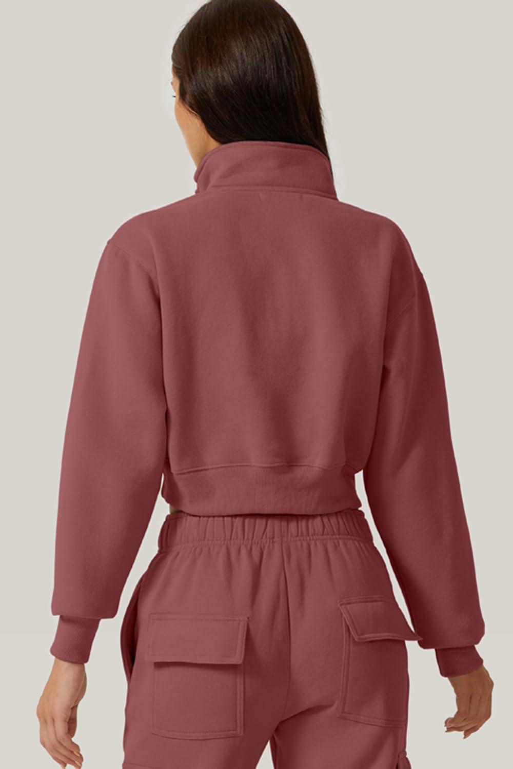 imageQINSEN Womens Half Zip Crop Sweatshirt High Neck Long Sleeve Pullover Cropped TopDusty Rose