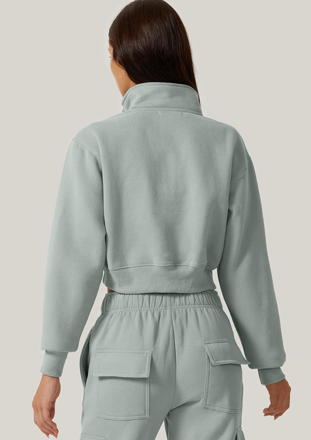 imageQINSEN Womens Half Zip Crop Sweatshirt High Neck Long Sleeve Pullover Cropped TopFrosty Green