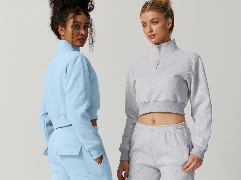 imageQINSEN Womens Half Zip Crop Sweatshirt High Neck Long Sleeve Pullover Cropped TopLight Blue