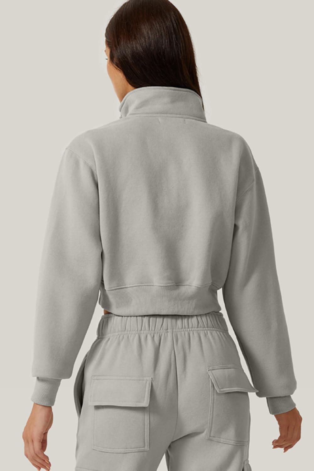 imageQINSEN Womens Half Zip Crop Sweatshirt High Neck Long Sleeve Pullover Cropped TopLight Grey