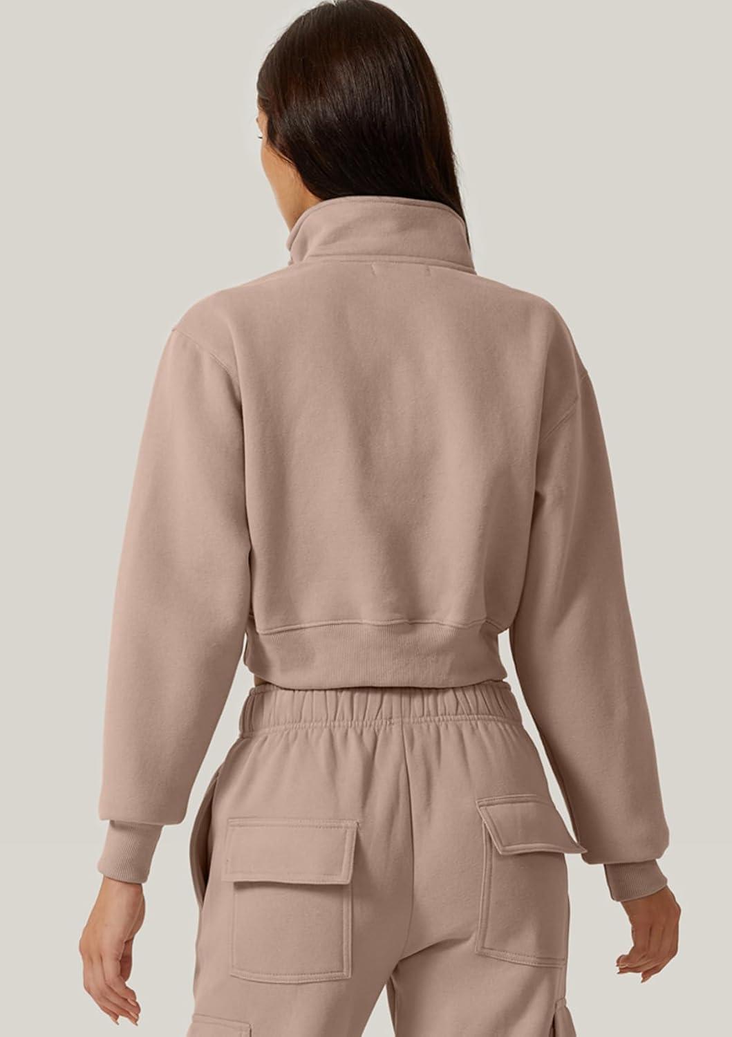 imageQINSEN Womens Half Zip Crop Sweatshirt High Neck Long Sleeve Pullover Cropped TopMushroom