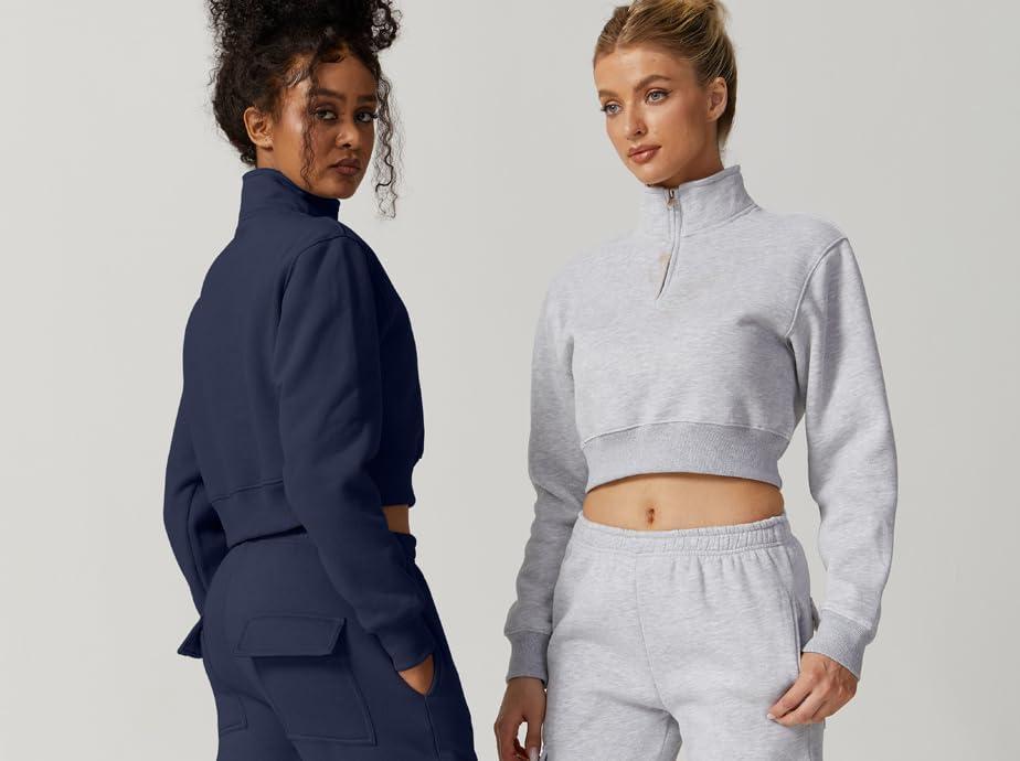 imageQINSEN Womens Half Zip Crop Sweatshirt High Neck Long Sleeve Pullover Cropped TopNavy