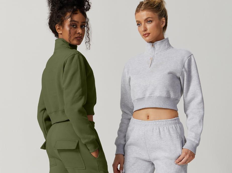 imageQINSEN Womens Half Zip Crop Sweatshirt High Neck Long Sleeve Pullover Cropped TopOlive Green