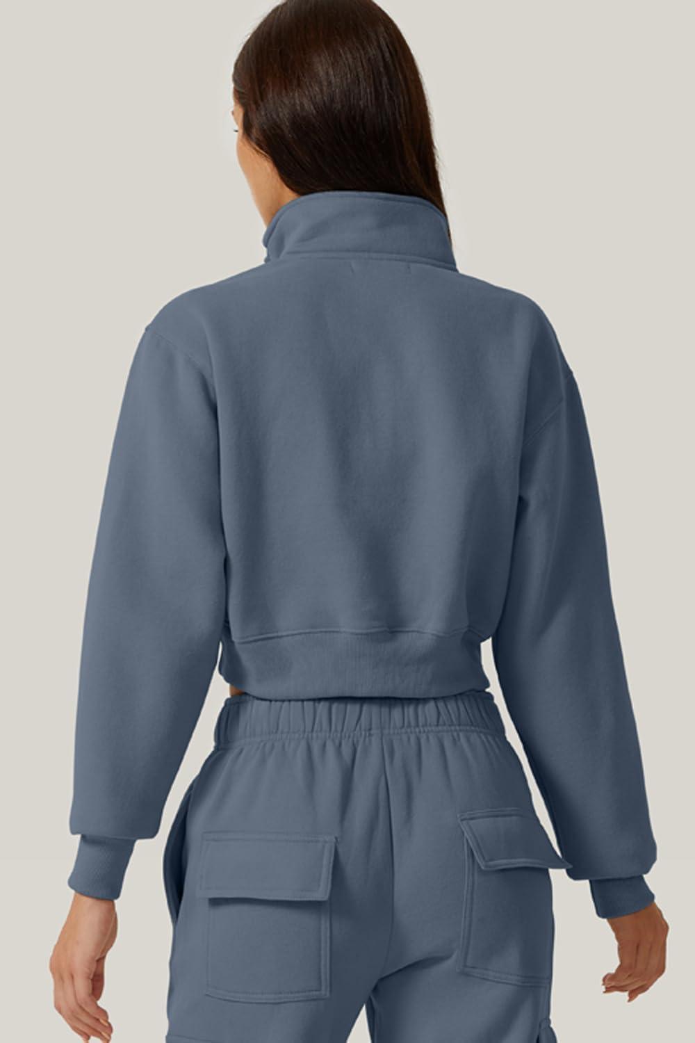 imageQINSEN Womens Half Zip Crop Sweatshirt High Neck Long Sleeve Pullover Cropped TopSlate Blue