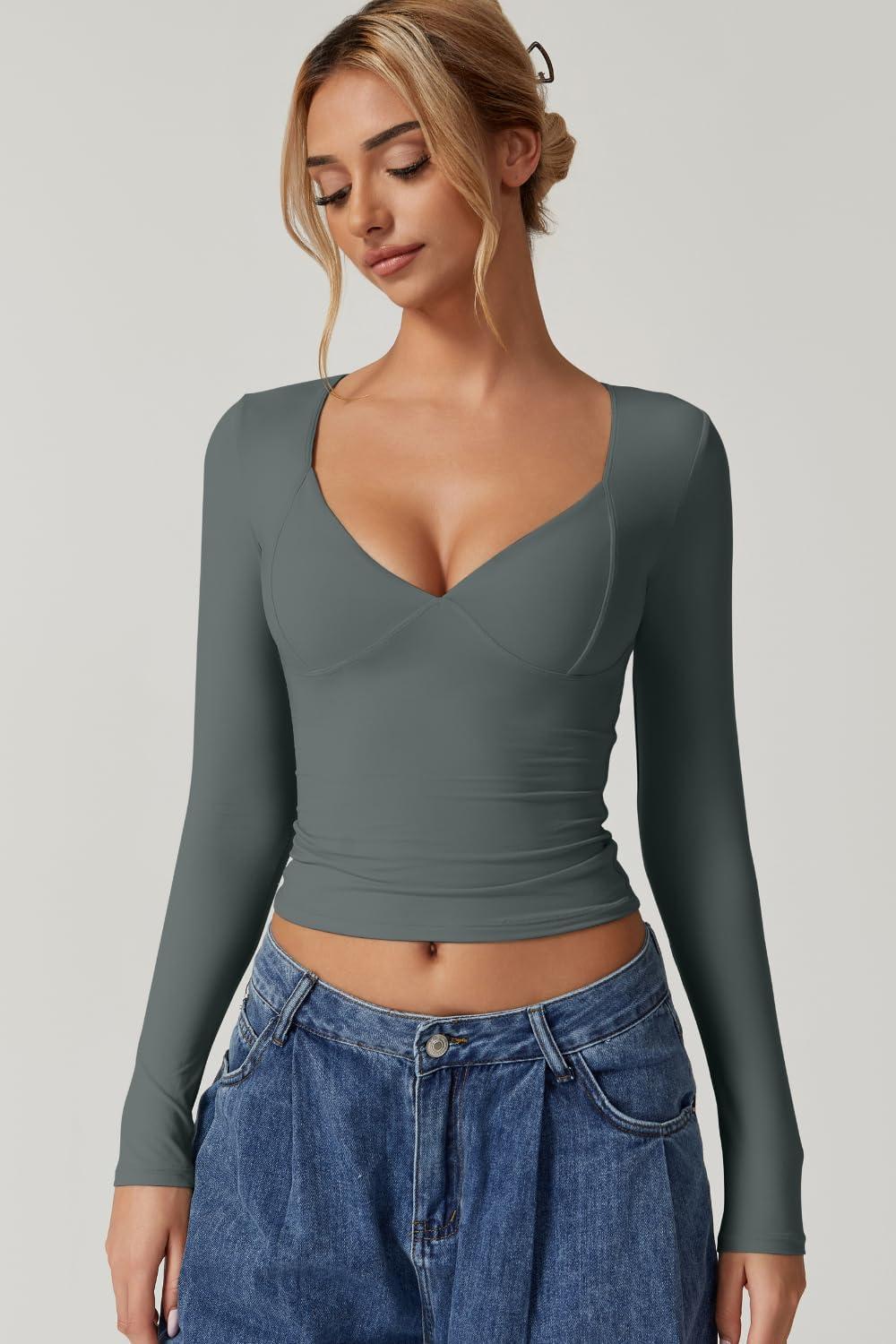 imageQINSEN Womens Long Sleeve V Neck T Shirts Double Lined Crop Top Seamed Cup Going Out TopsArmy Green