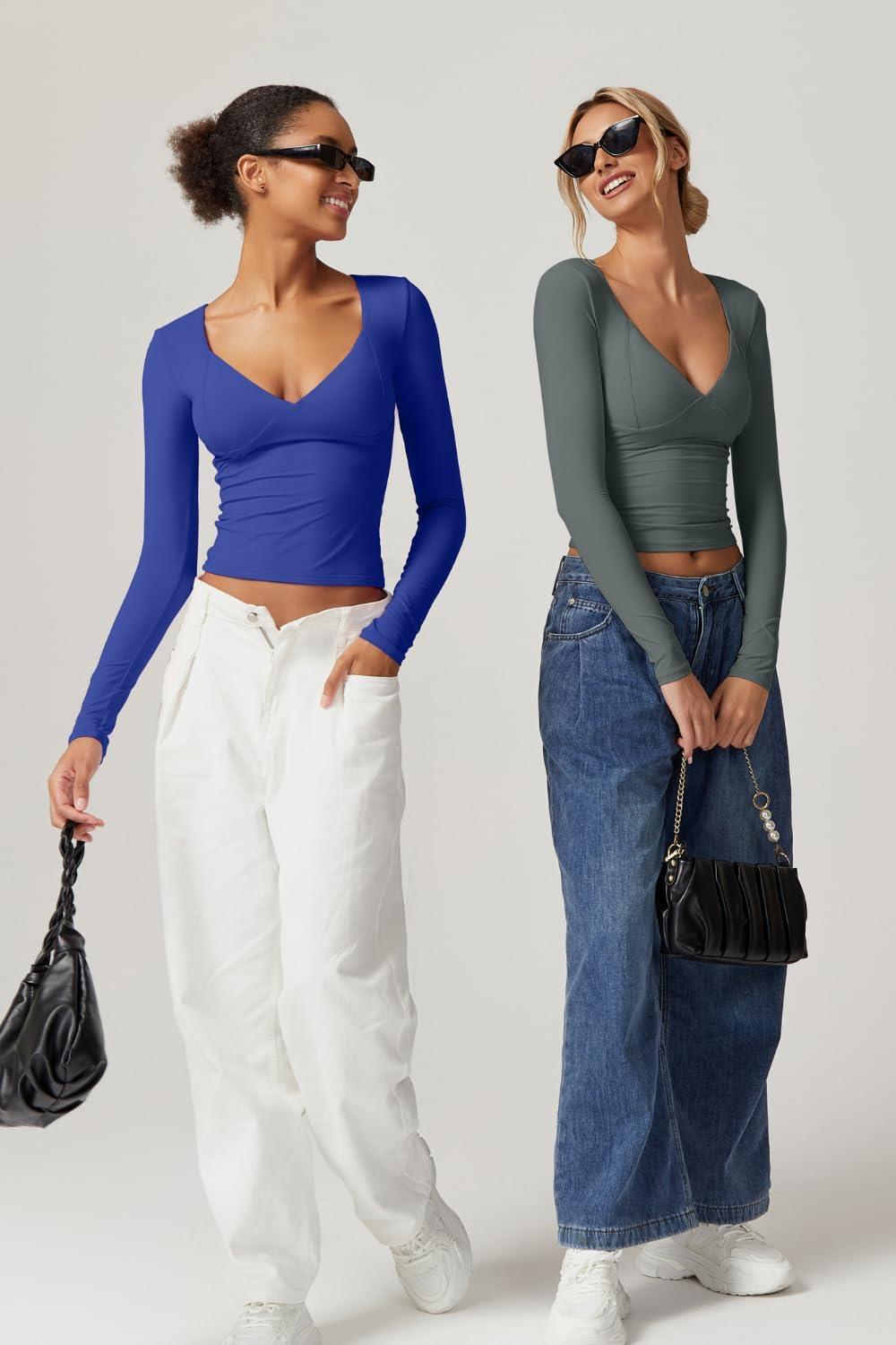 imageQINSEN Womens Long Sleeve V Neck T Shirts Double Lined Crop Top Seamed Cup Going Out TopsArmy Green