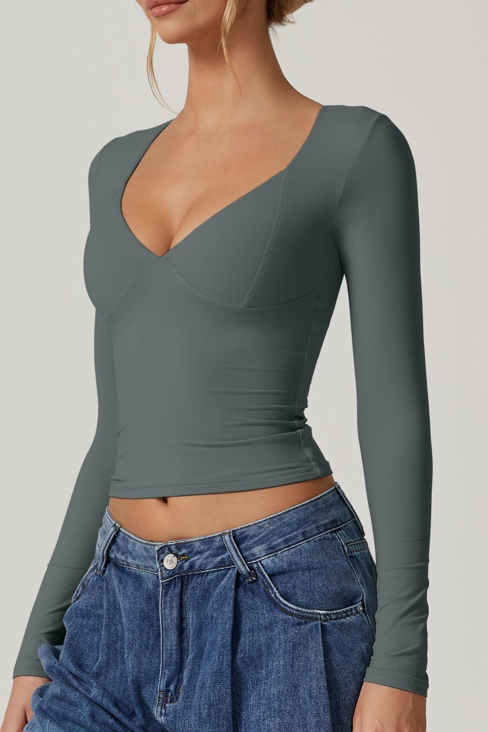 imageQINSEN Womens Long Sleeve V Neck T Shirts Double Lined Crop Top Seamed Cup Going Out TopsArmy Green