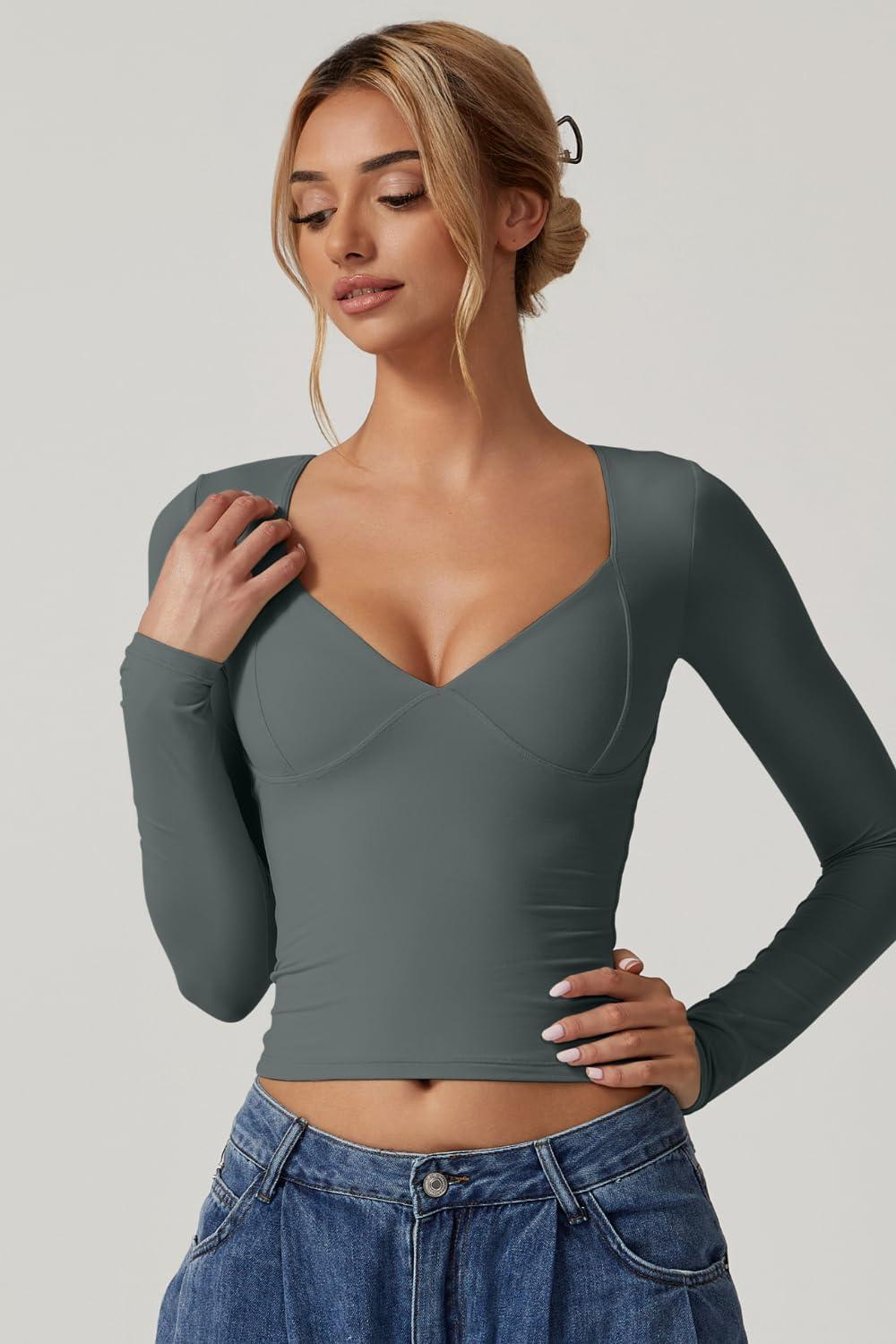 imageQINSEN Womens Long Sleeve V Neck T Shirts Double Lined Crop Top Seamed Cup Going Out TopsArmy Green