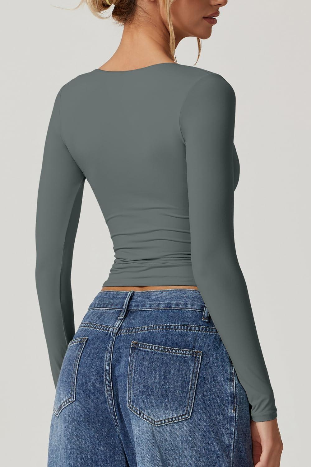 imageQINSEN Womens Long Sleeve V Neck T Shirts Double Lined Crop Top Seamed Cup Going Out TopsArmy Green