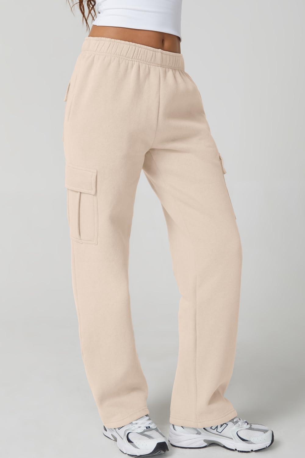 imageQINSEN Womens Medium Waist Baggy Elastic Waist Sweatpants Casual Fleece Long Pants with PocketsBeige