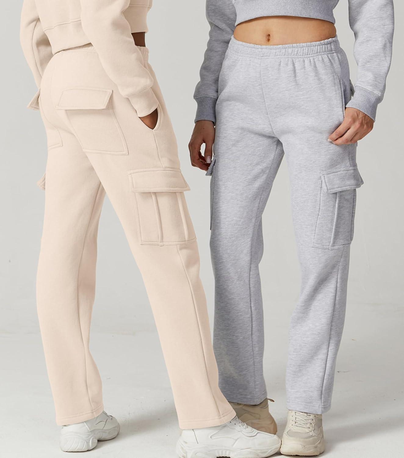 imageQINSEN Womens Medium Waist Baggy Elastic Waist Sweatpants Casual Fleece Long Pants with PocketsBeige