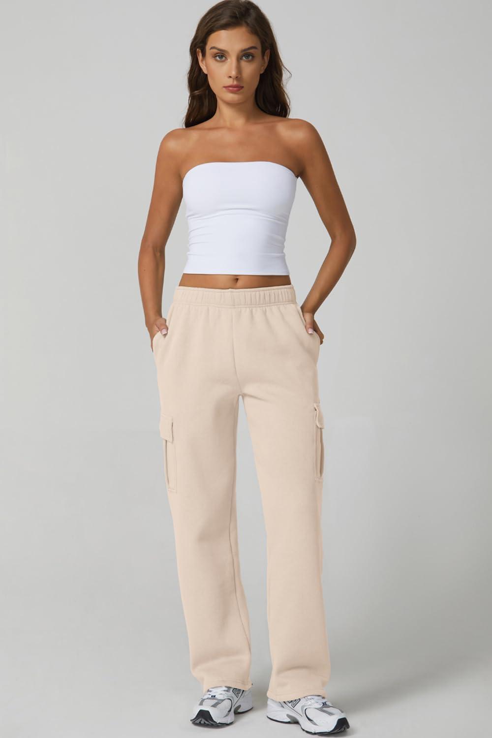 imageQINSEN Womens Medium Waist Baggy Elastic Waist Sweatpants Casual Fleece Long Pants with PocketsBeige