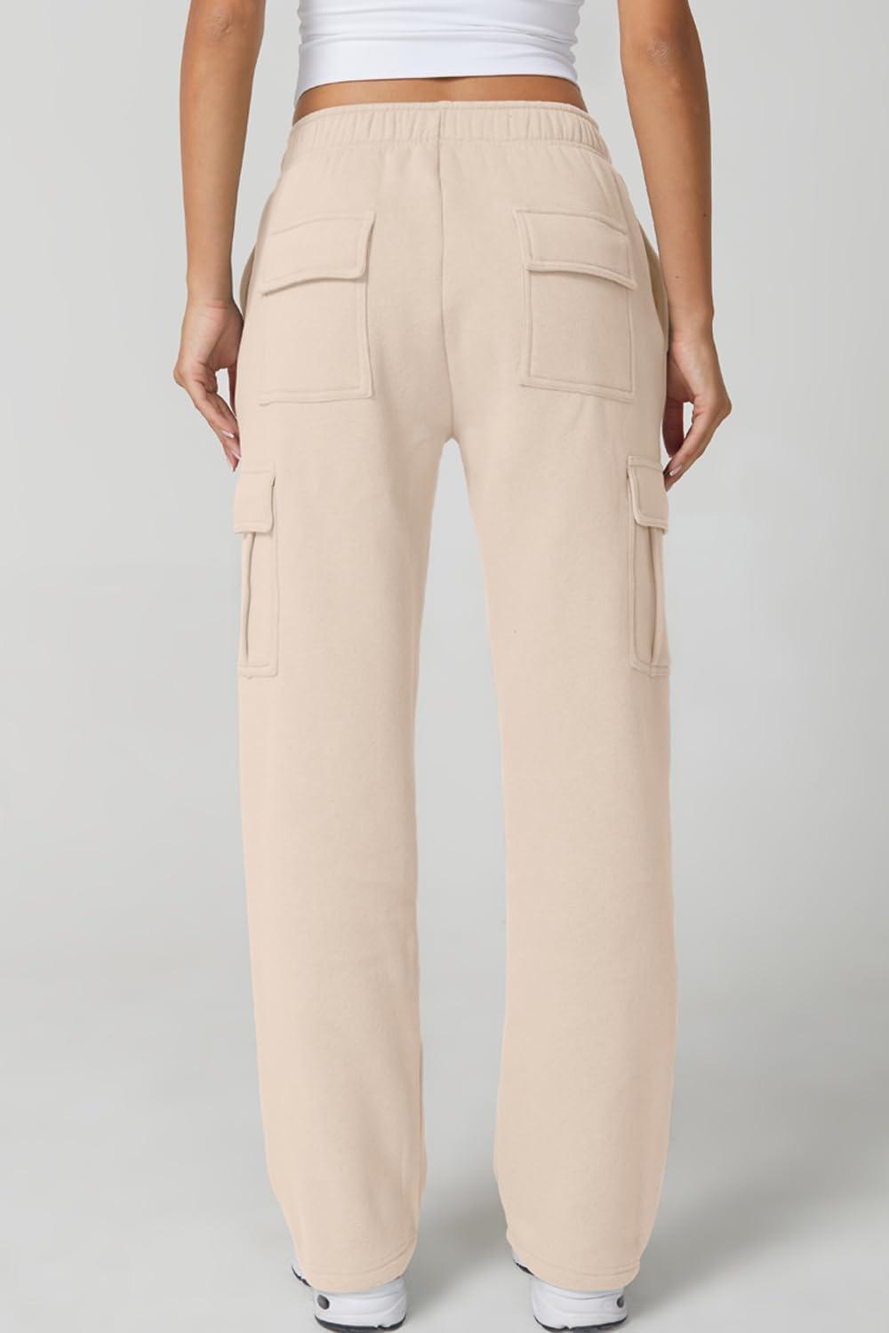 imageQINSEN Womens Medium Waist Baggy Elastic Waist Sweatpants Casual Fleece Long Pants with PocketsBeige