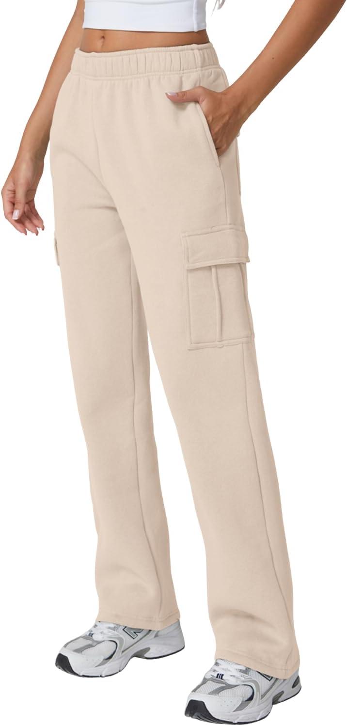 imageQINSEN Womens Medium Waist Baggy Elastic Waist Sweatpants Casual Fleece Long Pants with PocketsBeige