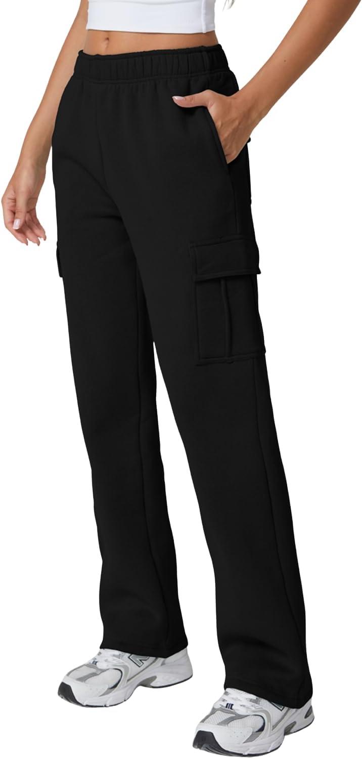 imageQINSEN Womens Medium Waist Baggy Elastic Waist Sweatpants Casual Fleece Long Pants with PocketsBlack