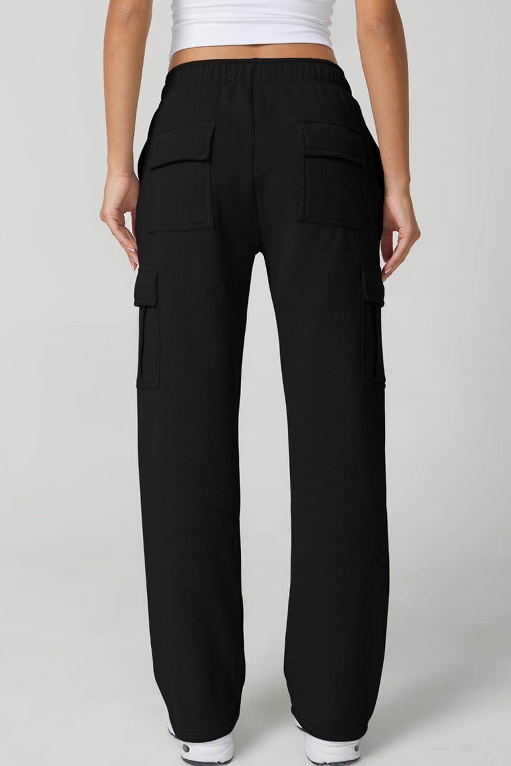 imageQINSEN Womens Medium Waist Baggy Elastic Waist Sweatpants Casual Fleece Long Pants with PocketsBlack