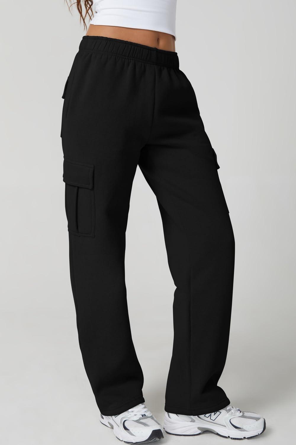 imageQINSEN Womens Medium Waist Baggy Elastic Waist Sweatpants Casual Fleece Long Pants with PocketsBlack