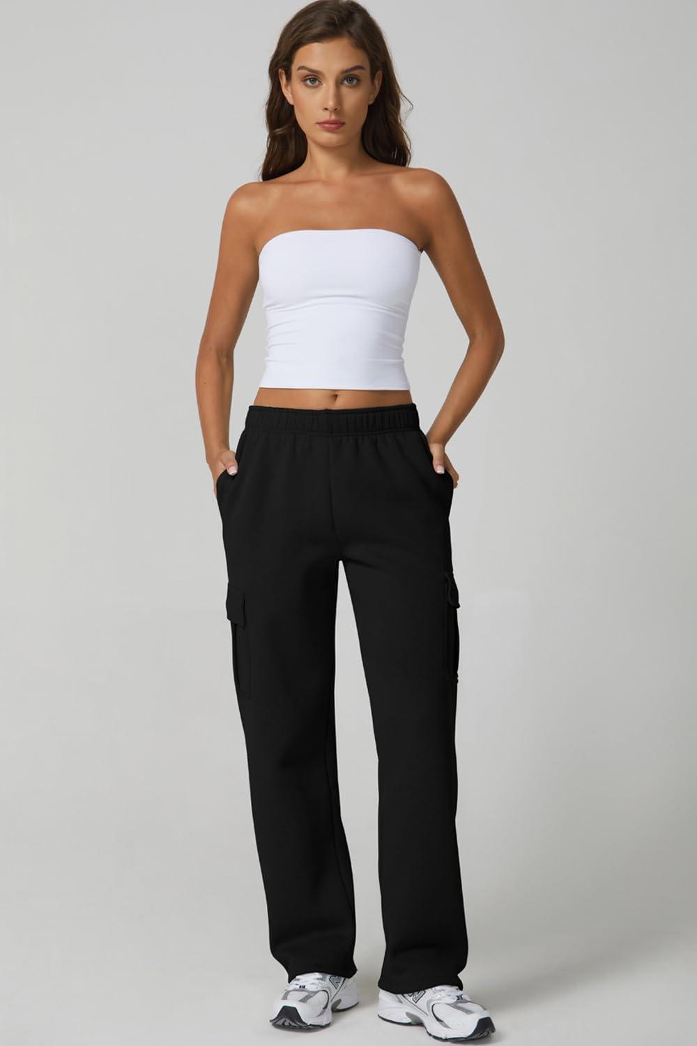 imageQINSEN Womens Medium Waist Baggy Elastic Waist Sweatpants Casual Fleece Long Pants with PocketsBlack