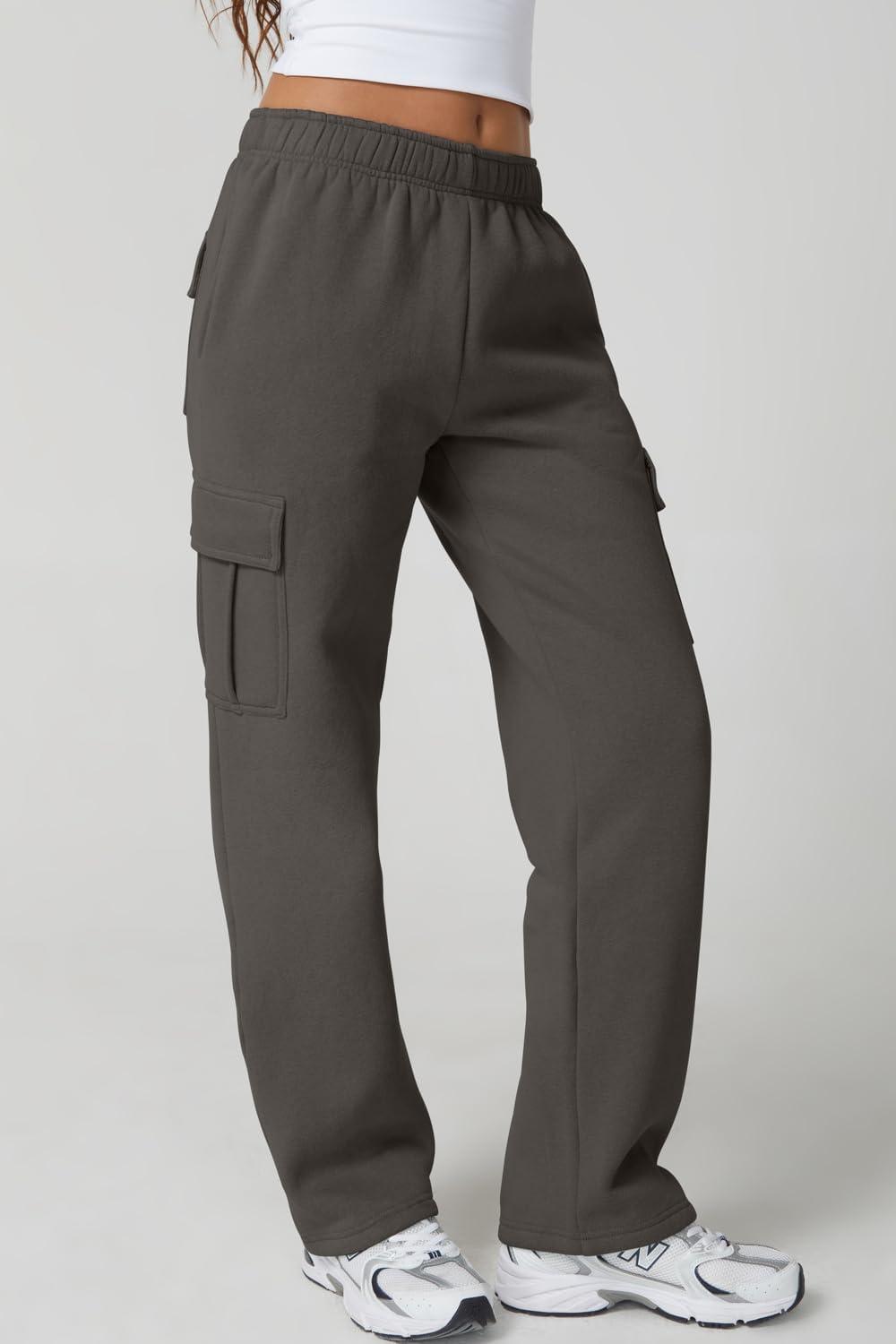 imageQINSEN Womens Medium Waist Baggy Elastic Waist Sweatpants Casual Fleece Long Pants with PocketsCharcoal Grey