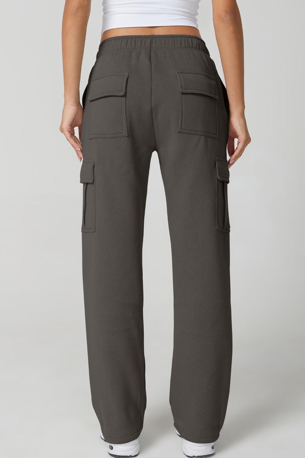 imageQINSEN Womens Medium Waist Baggy Elastic Waist Sweatpants Casual Fleece Long Pants with PocketsCharcoal Grey