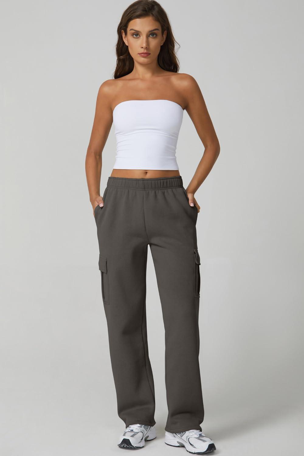 imageQINSEN Womens Medium Waist Baggy Elastic Waist Sweatpants Casual Fleece Long Pants with PocketsCharcoal Grey
