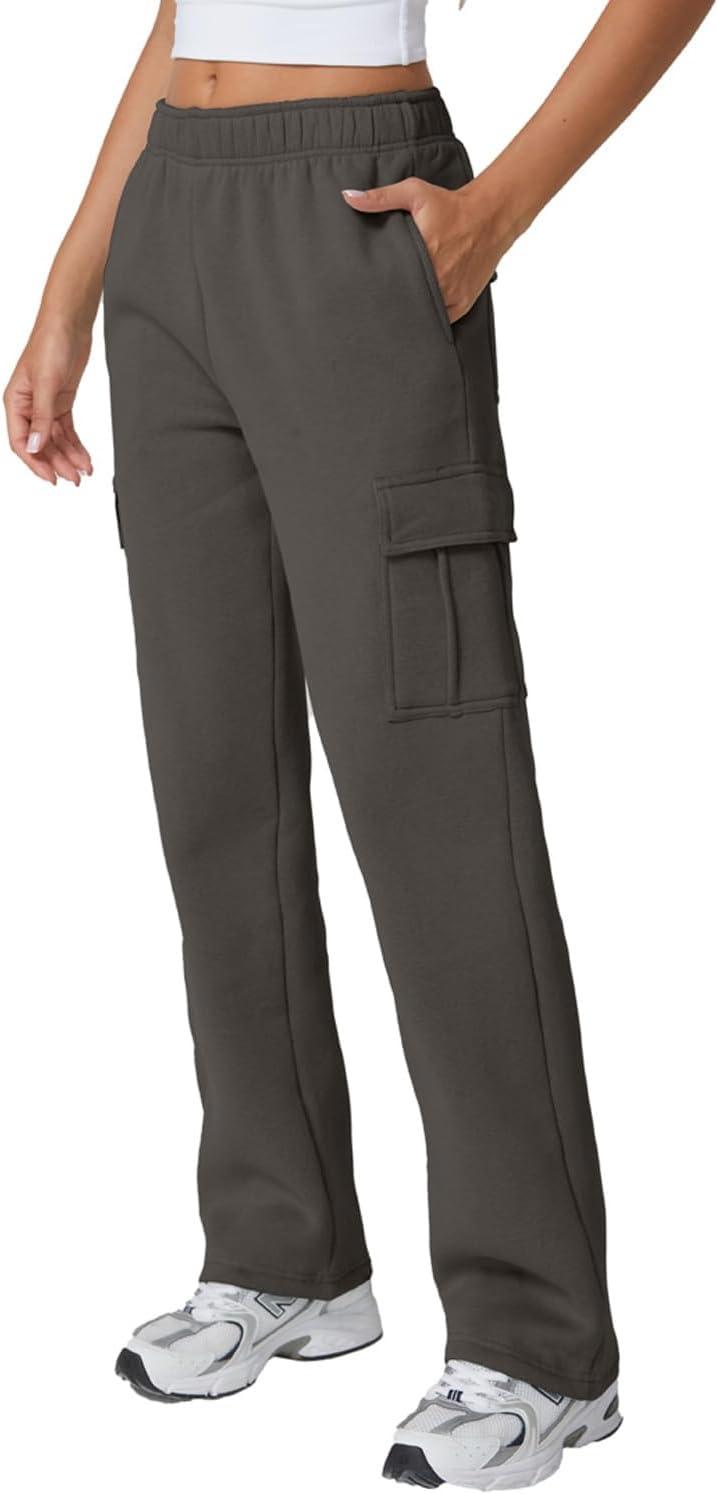 imageQINSEN Womens Medium Waist Baggy Elastic Waist Sweatpants Casual Fleece Long Pants with PocketsCharcoal Grey