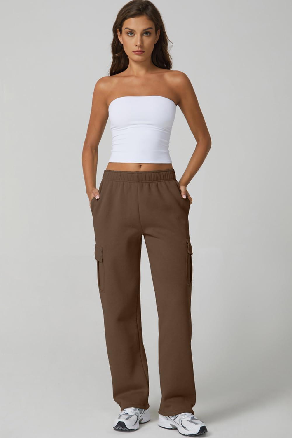 imageQINSEN Womens Medium Waist Baggy Elastic Waist Sweatpants Casual Fleece Long Pants with PocketsChestnut